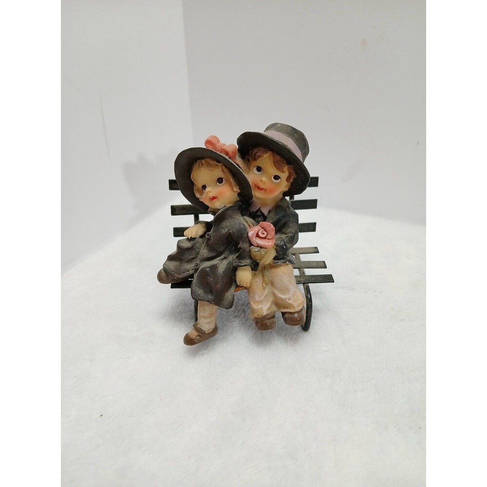 Vintage Romantic Boy Girl Figurine on Park Bench Resin Statue Hand Painted